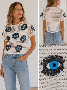 Women's White Structured Mesh Tee with Blue Eye Sequin Embroidery